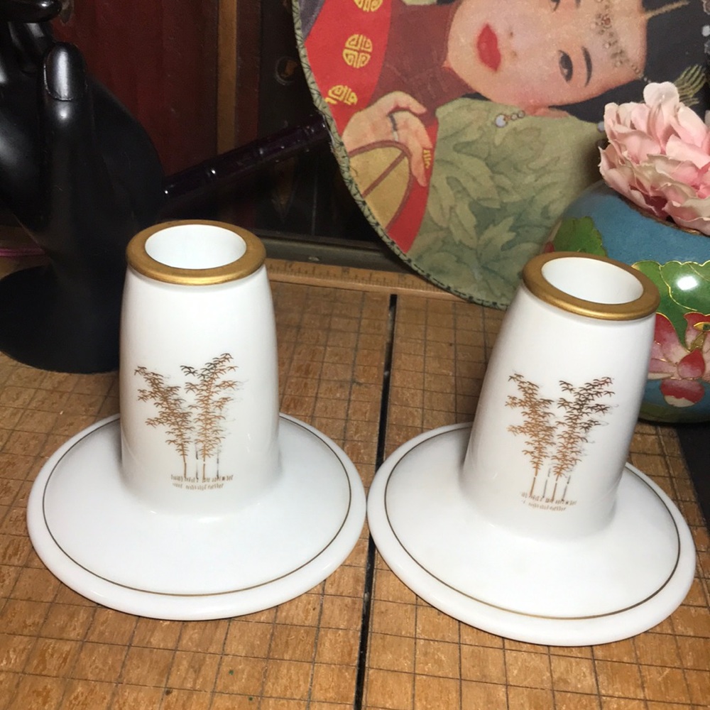 Vintage Arita Fukagawa Candleholder Set Hand Painted Made in Japan Golden Bamboo